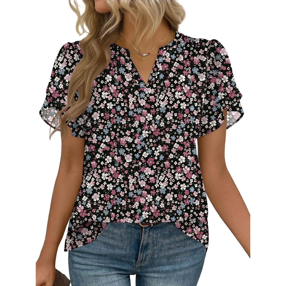 image:imageZeagoo Womens Dressy Casual Chffon Shirts Short Sleeve V Neck Work BlouseSummer Flower
