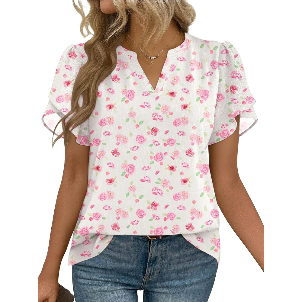 image:imageZeagoo Womens Dressy Casual Chffon Shirts Short Sleeve V Neck Work BlouseWhite Floral