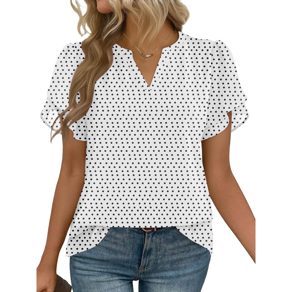 image:imageZeagoo Womens Dressy Casual Chffon Shirts Short Sleeve V Neck Work BlouseWhite Polka Dots