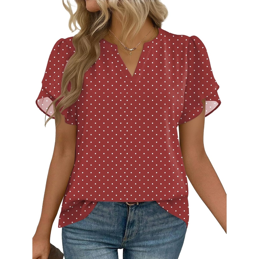 image:imageZeagoo Womens Dressy Casual Chffon Shirts Short Sleeve V Neck Work BlouseWine Red Polka
