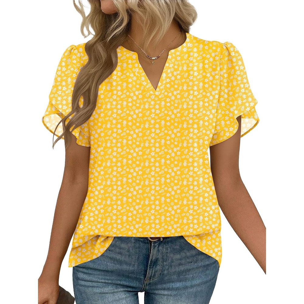 image:imageZeagoo Womens Dressy Casual Chffon Shirts Short Sleeve V Neck Work BlouseYellow Floral