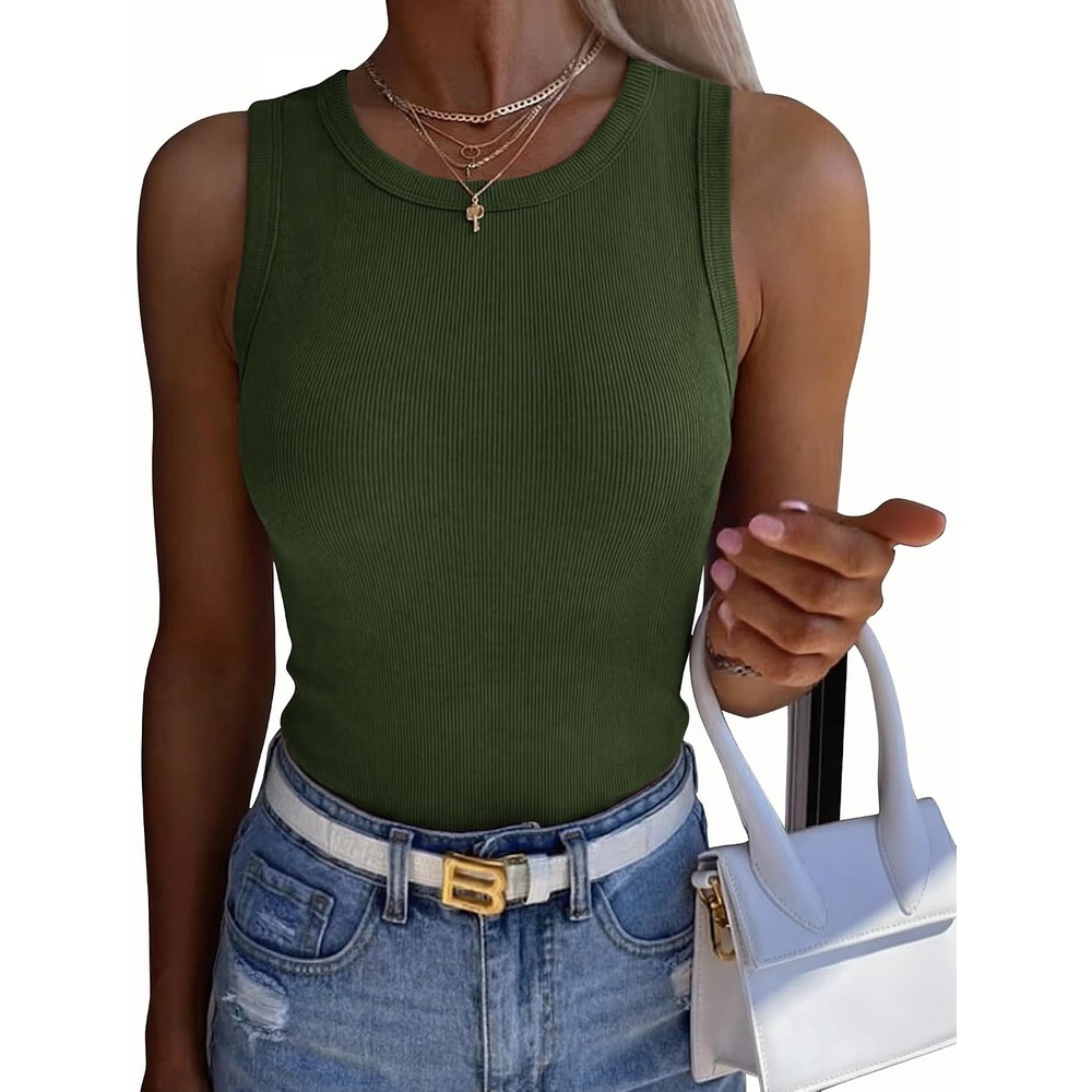 image:imageZeagoo Womens Sleeveless Crewneck Ribbed Tank Tops Casual Basic Summer TopArmy Green