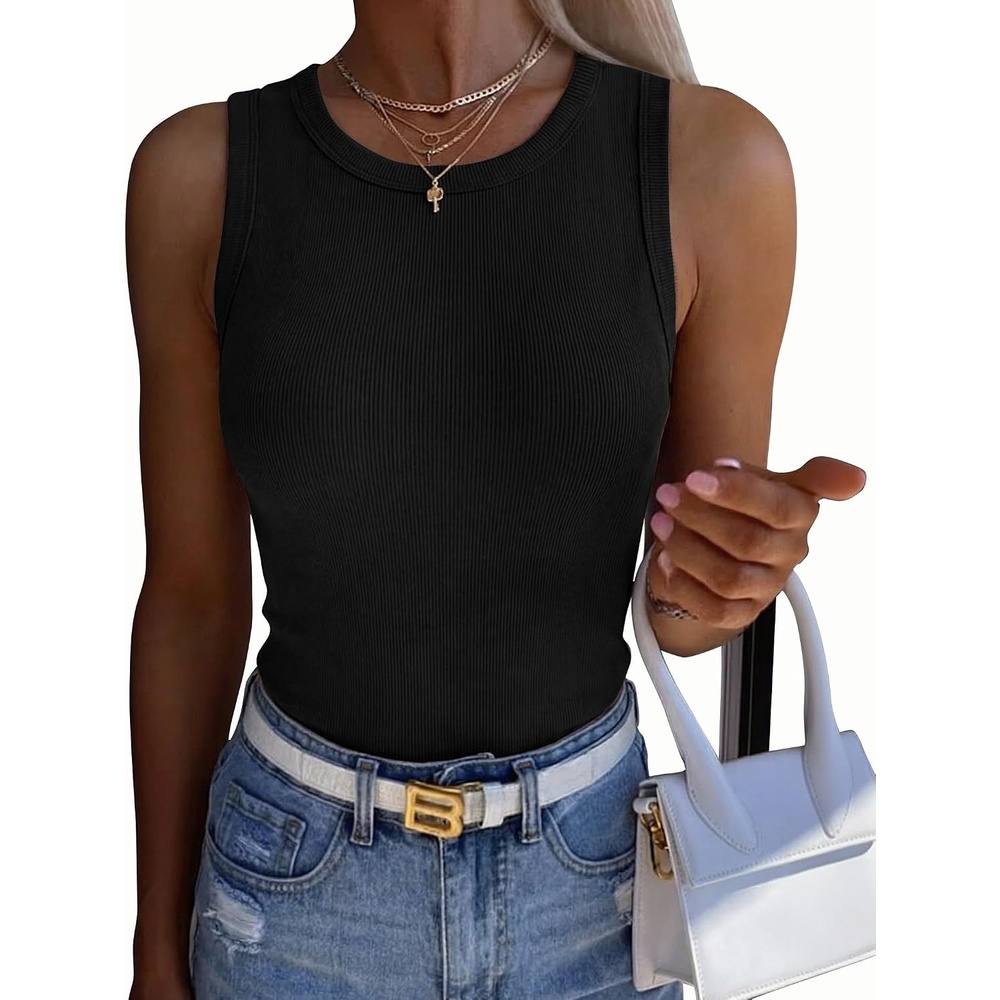 image:imageZeagoo Womens Sleeveless Crewneck Ribbed Tank Tops Casual Basic Summer TopBlack