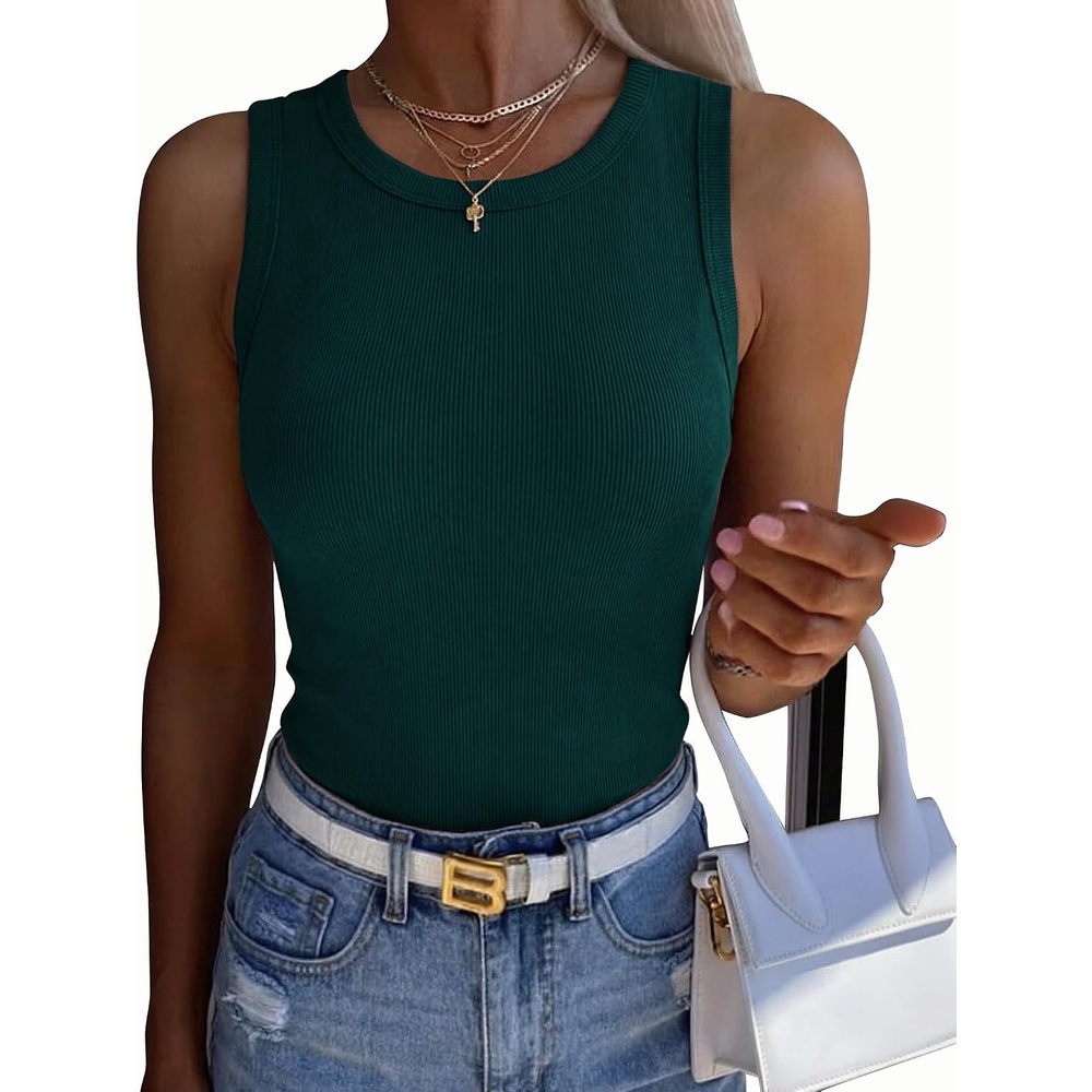 image:imageZeagoo Womens Sleeveless Crewneck Ribbed Tank Tops Casual Basic Summer TopDeep Green