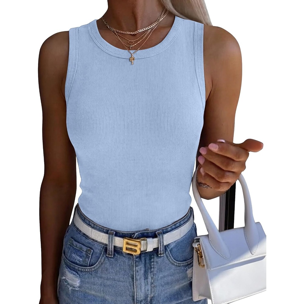 image:imageZeagoo Womens Sleeveless Crewneck Ribbed Tank Tops Casual Basic Summer TopLight Blue