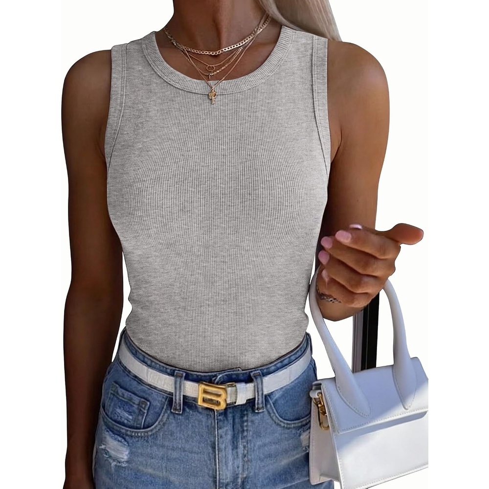 image:imageZeagoo Womens Sleeveless Crewneck Ribbed Tank Tops Casual Basic Summer TopLight Grey