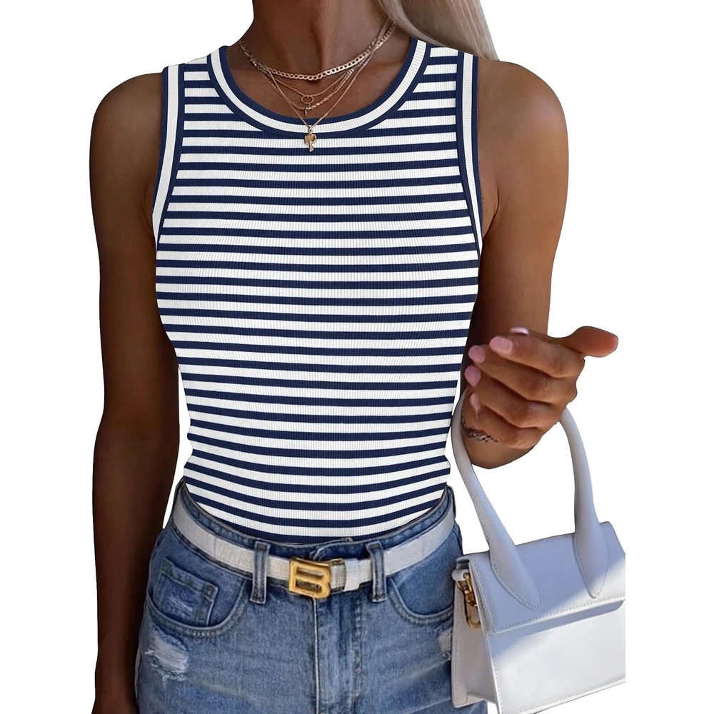 image:imageZeagoo Womens Sleeveless Crewneck Ribbed Tank Tops Casual Basic Summer TopNavy White Stripe