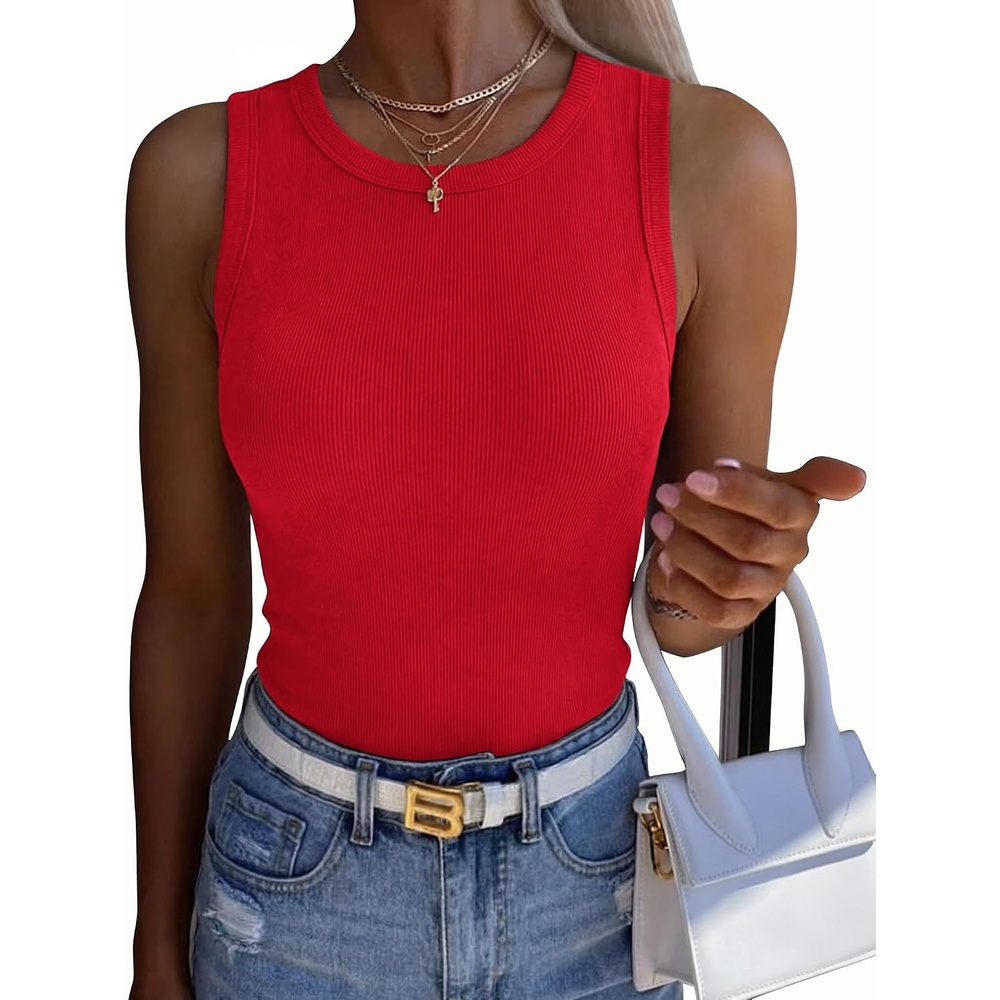 image:imageZeagoo Womens Sleeveless Crewneck Ribbed Tank Tops Casual Basic Summer TopRed