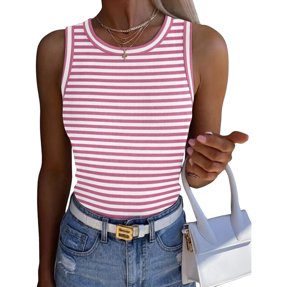 image:imageZeagoo Womens Sleeveless Crewneck Ribbed Tank Tops Casual Basic Summer TopRose Pink Stripe