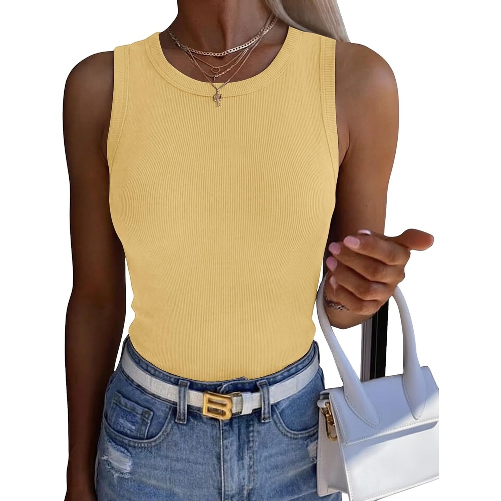 image:imageZeagoo Womens Sleeveless Crewneck Ribbed Tank Tops Casual Basic Summer TopYellow