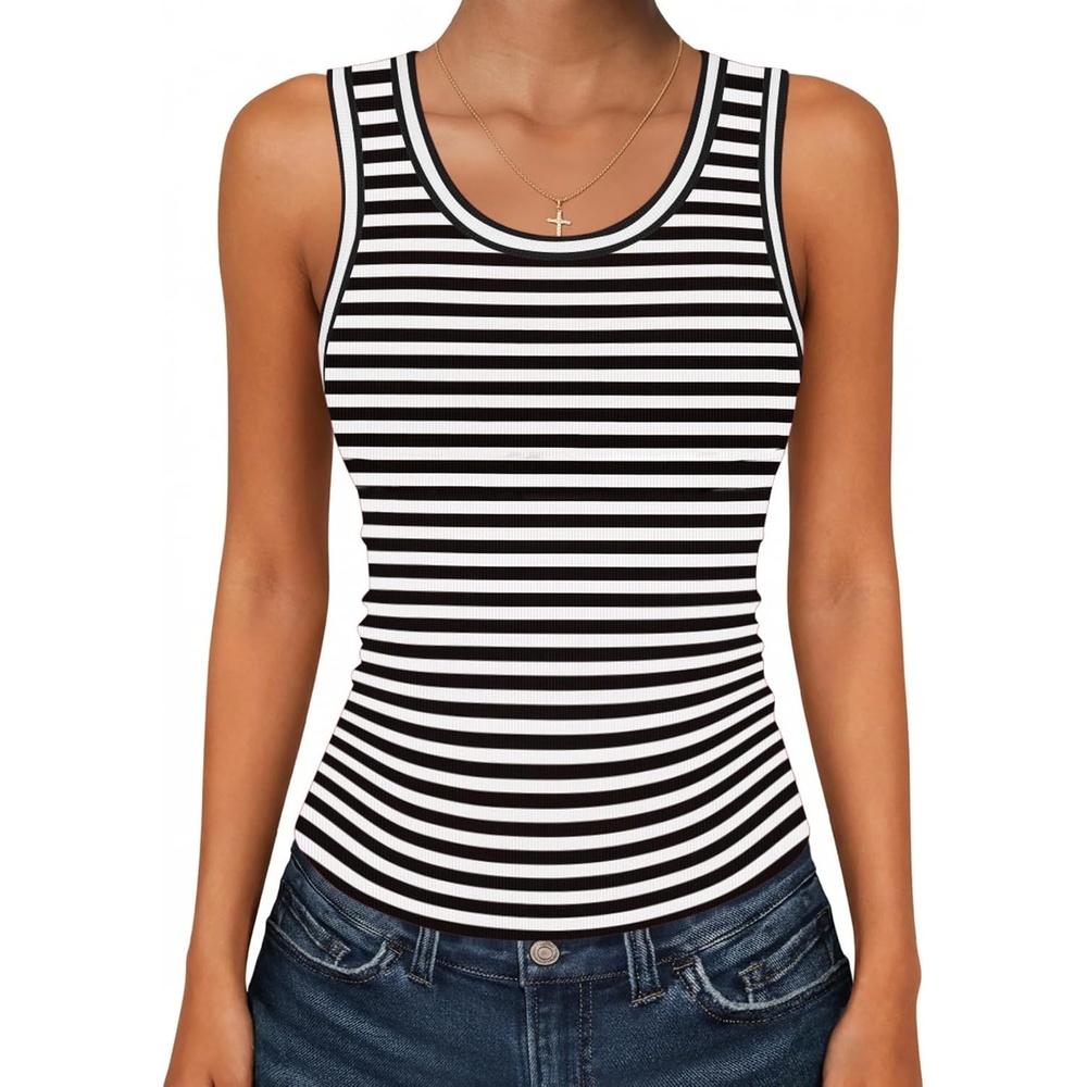 image:imageZeagoo Womens Sleeveless Scoop Neck Tank Tops Ribbed Fitted Basic Tops 2026Atw454 Stripe Black White
