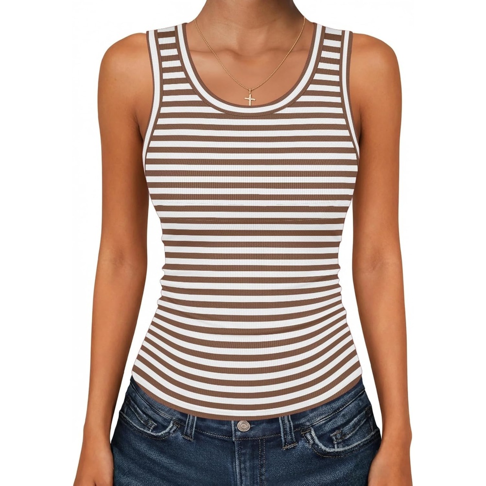 image:imageZeagoo Womens Sleeveless Scoop Neck Tank Tops Ribbed Fitted Basic Tops 2026Atw541 Stripe Brown White