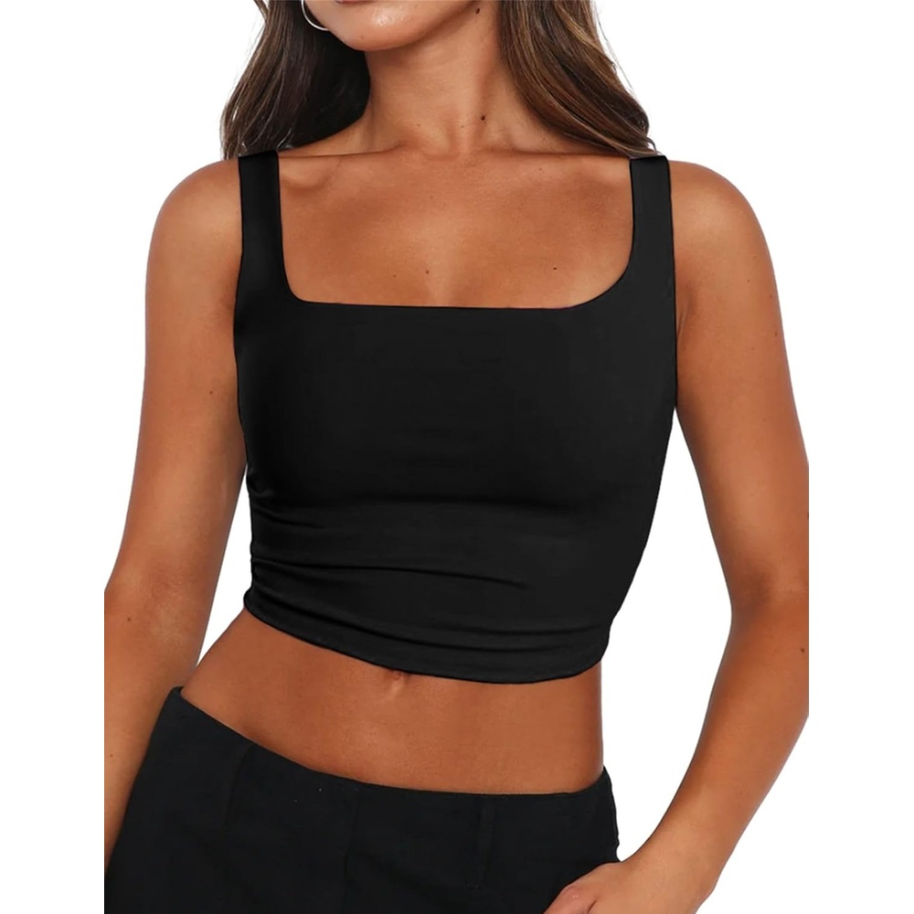 image:imageZeagoo Womens Square Neck Crop Tops Cute Double Layer Casual Slim TankBlack