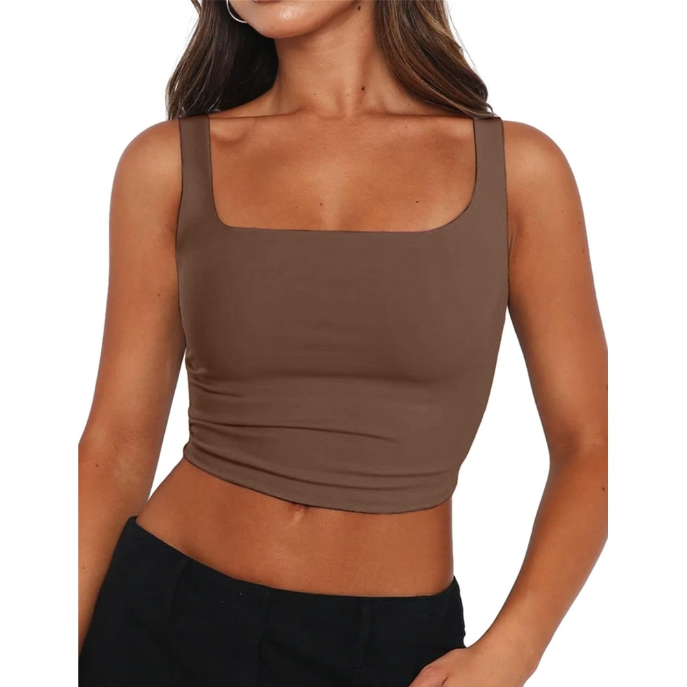 image:imageZeagoo Womens Square Neck Crop Tops Cute Double Layer Casual Slim TankBrown