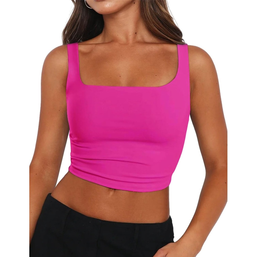image:imageZeagoo Womens Square Neck Crop Tops Cute Double Layer Casual Slim TankHot Pink
