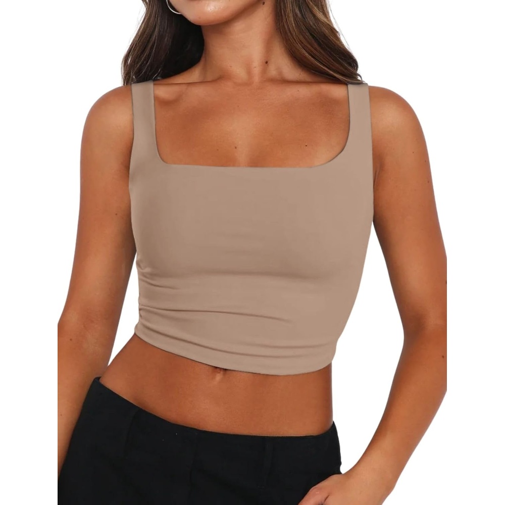 image:imageZeagoo Womens Square Neck Crop Tops Cute Double Layer Casual Slim TankKhaki