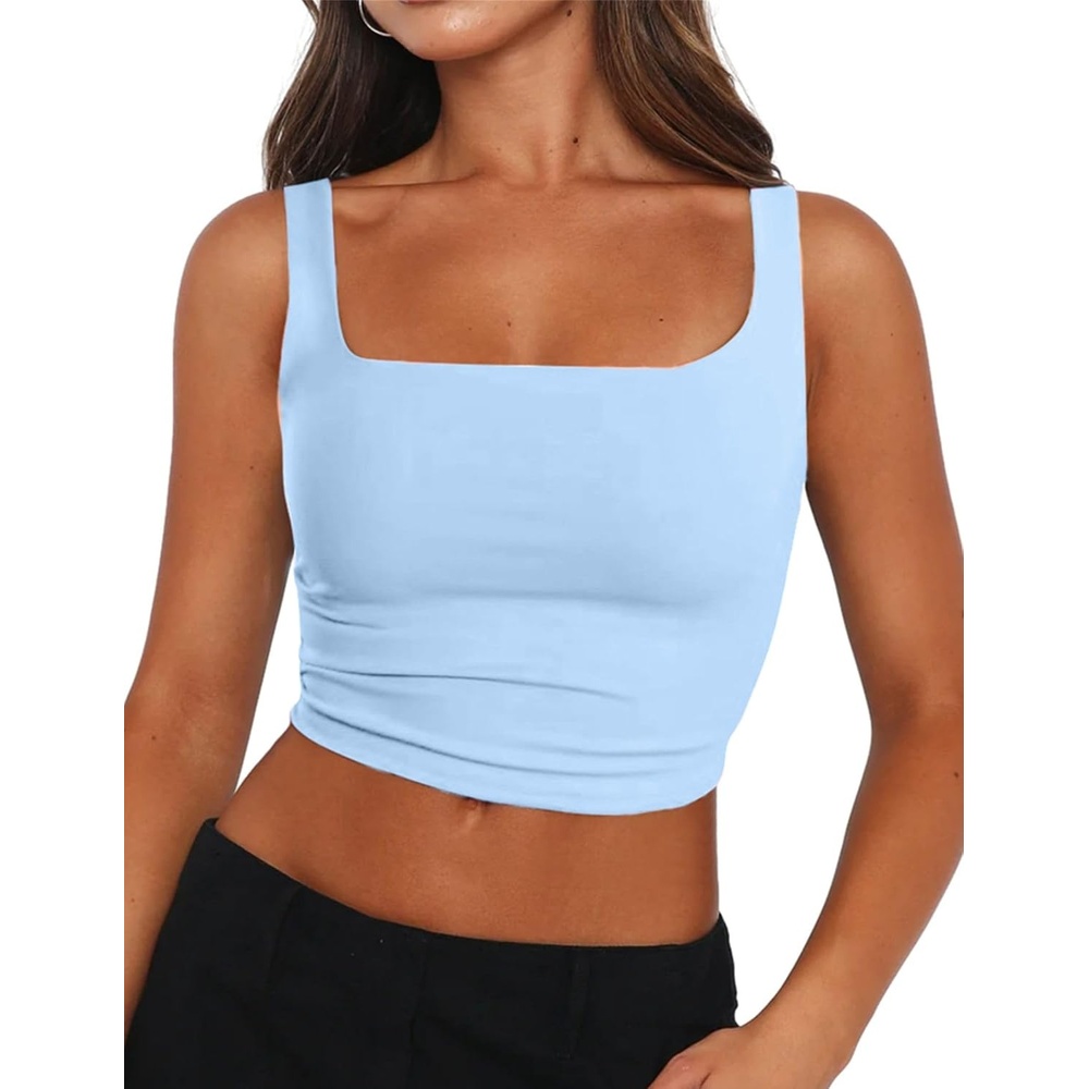 image:imageZeagoo Womens Square Neck Crop Tops Cute Double Layer Casual Slim TankLight Blue