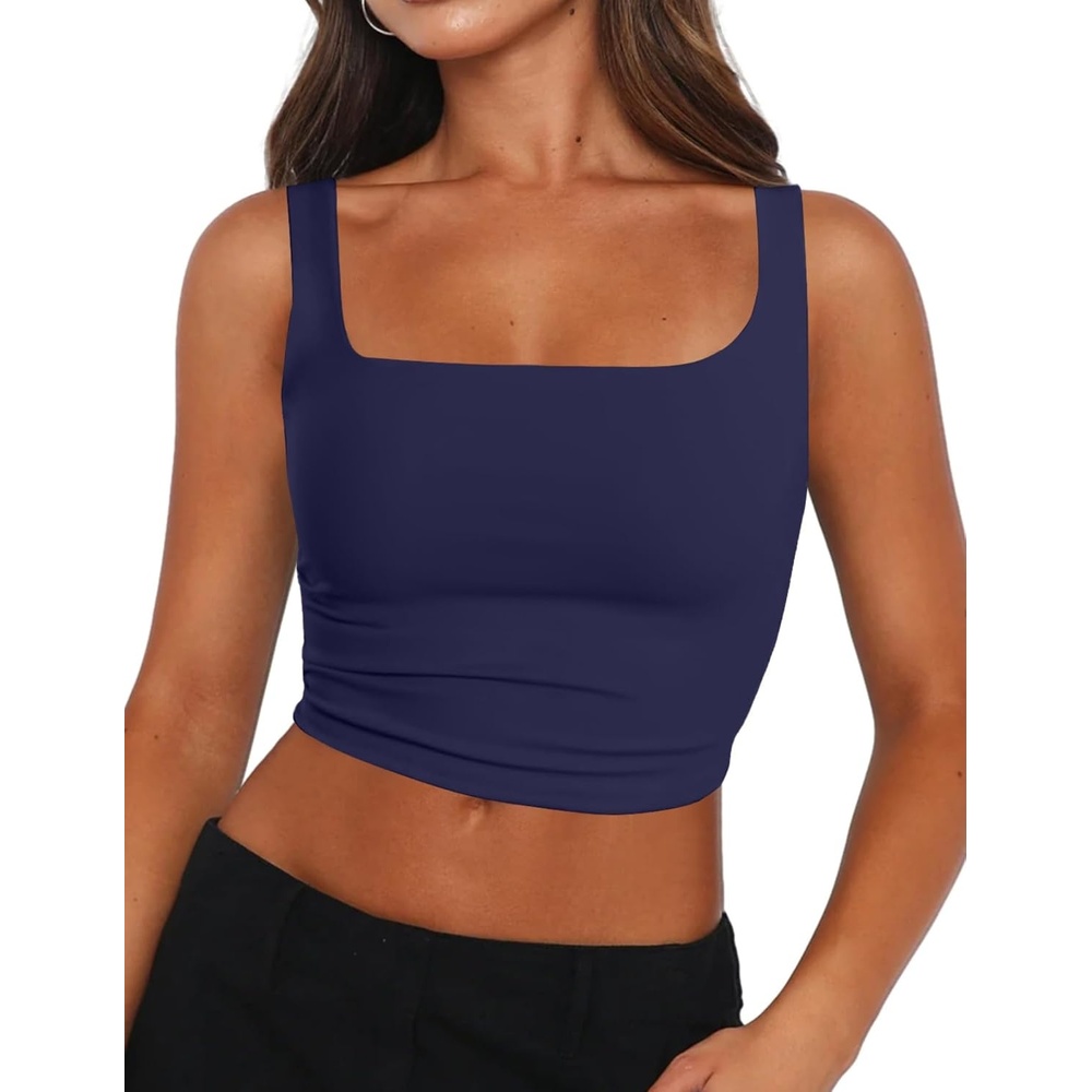 image:imageZeagoo Womens Square Neck Crop Tops Cute Double Layer Casual Slim TankNavy Blue