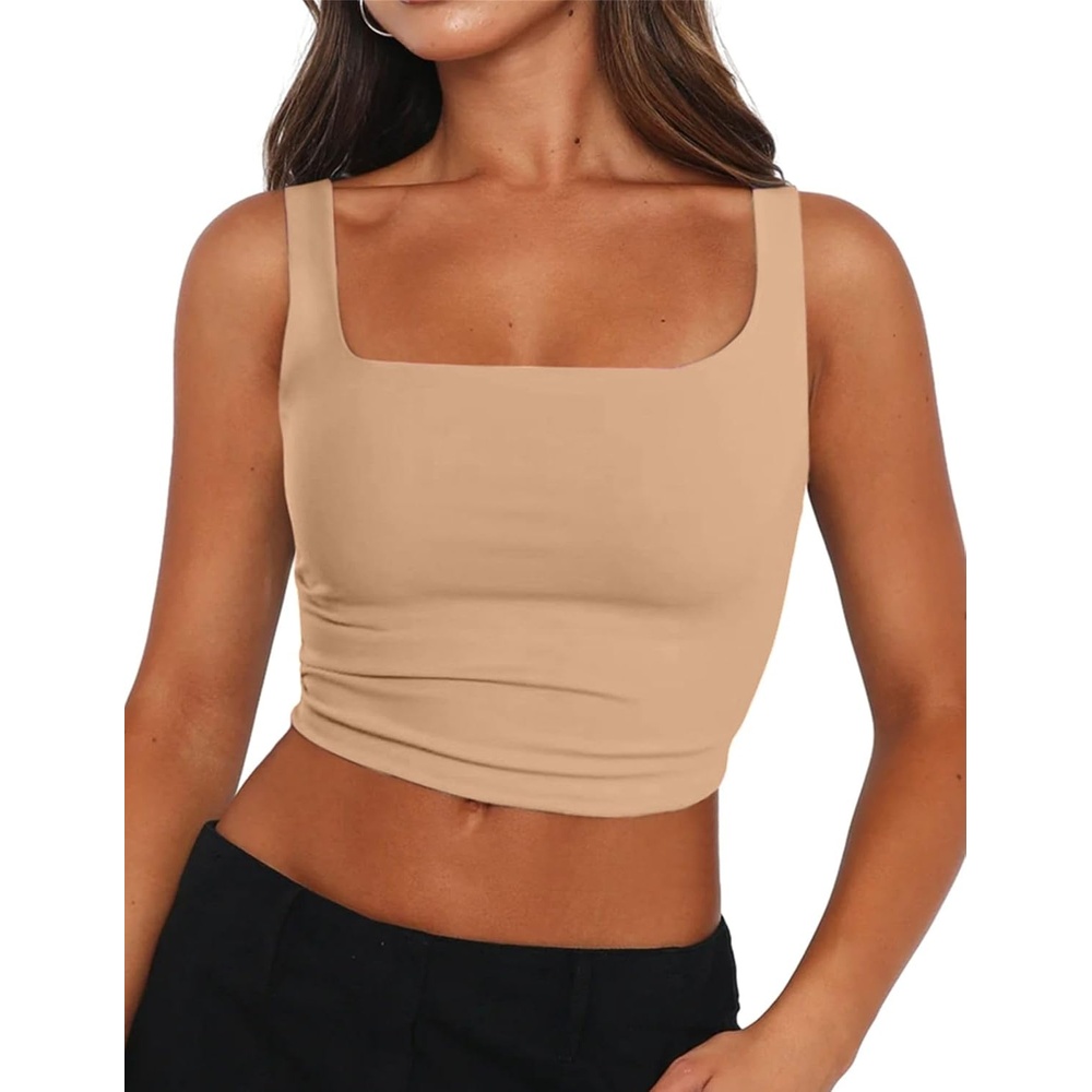 image:imageZeagoo Womens Square Neck Crop Tops Cute Double Layer Casual Slim TankNude