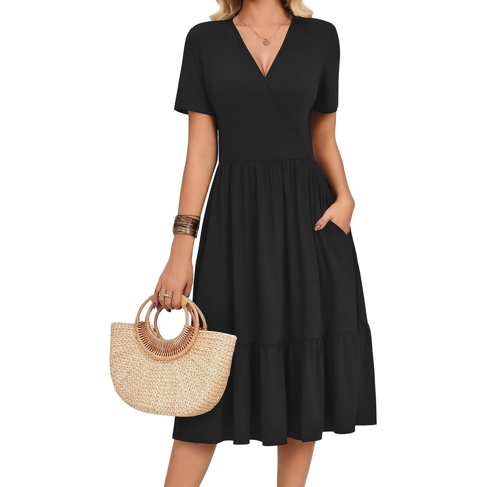 image:imageZeagoo Womens Summer Casual Dresses Short Sleeve Midi Warp VNeck Floral Dress with Pockets Tiered Flowy A Line SundressBlack