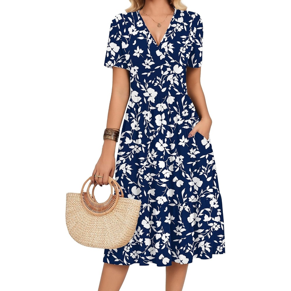 image:imageZeagoo Womens Summer Casual Dresses Short Sleeve Midi Warp VNeck Floral Dress with Pockets Tiered Flowy A Line SundressBlue White Floral