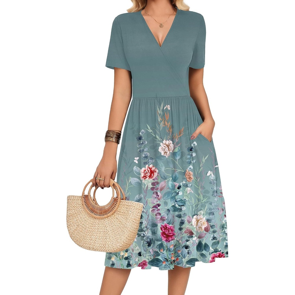 image:imageZeagoo Womens Summer Casual Dresses Short Sleeve Midi Warp VNeck Floral Dress with Pockets Tiered Flowy A Line SundressGreen Floral