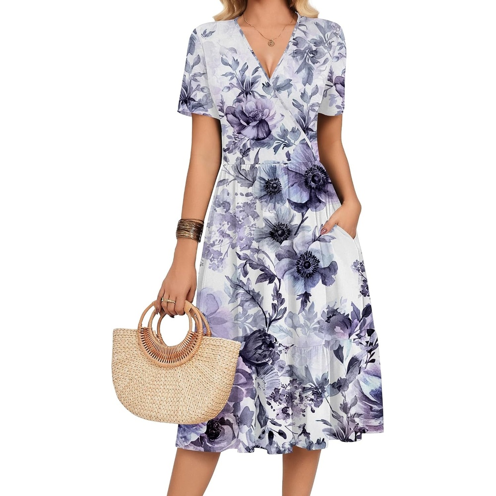 image:imageZeagoo Womens Summer Casual Dresses Short Sleeve Midi Warp VNeck Floral Dress with Pockets Tiered Flowy A Line SundressPurple Floral