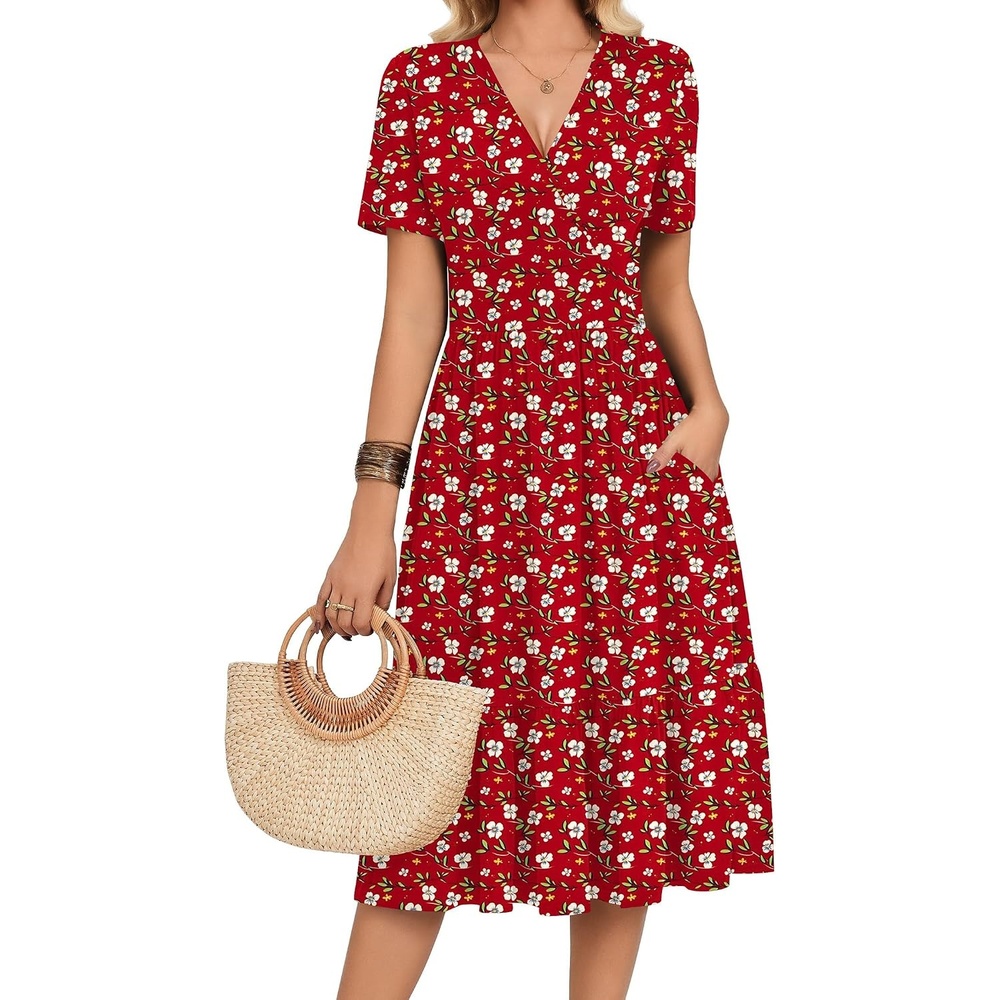 image:imageZeagoo Womens Summer Casual Dresses Short Sleeve Midi Warp VNeck Floral Dress with Pockets Tiered Flowy A Line SundressRed Floral