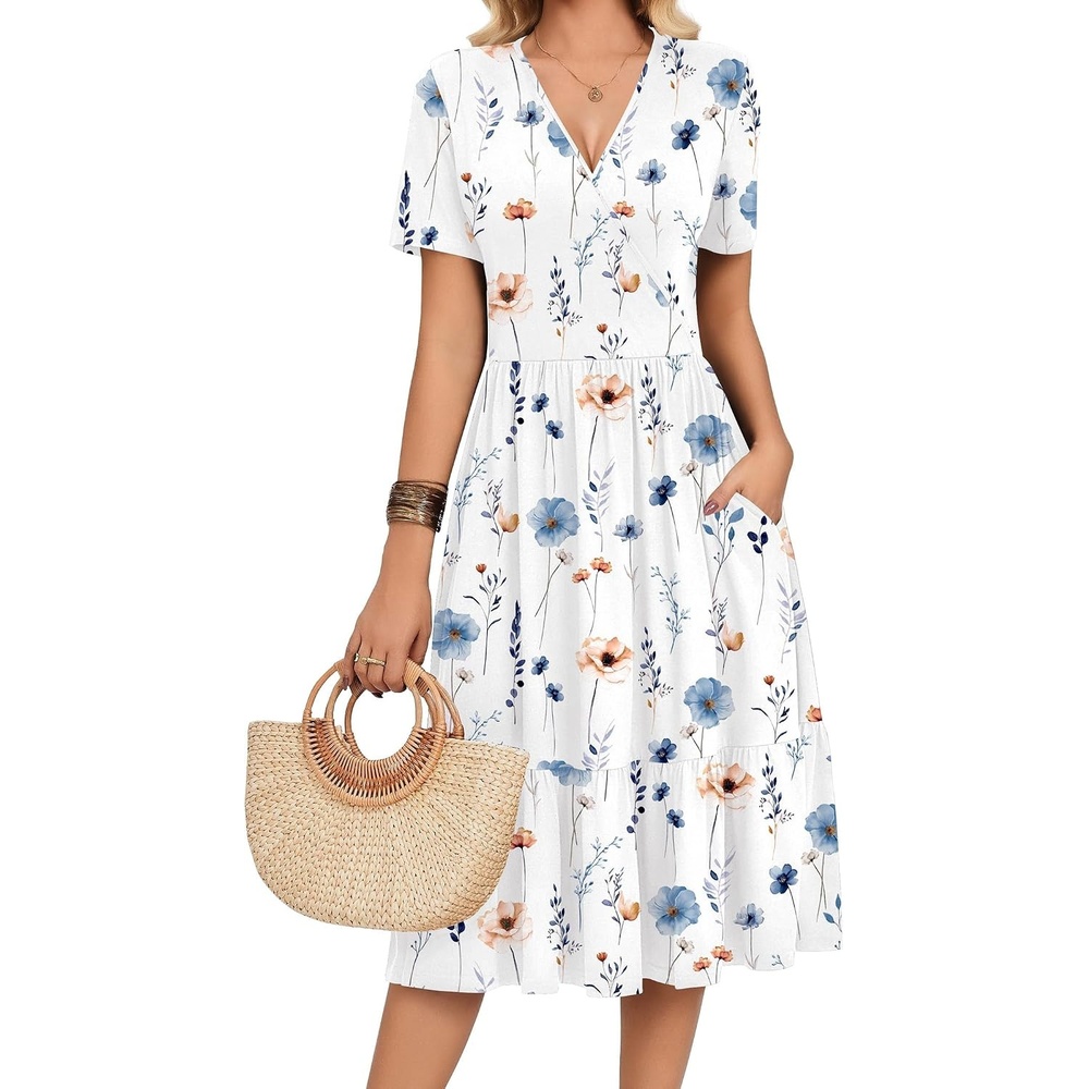 image:imageZeagoo Womens Summer Casual Dresses Short Sleeve Midi Warp VNeck Floral Dress with Pockets Tiered Flowy A Line SundressWhite Floral