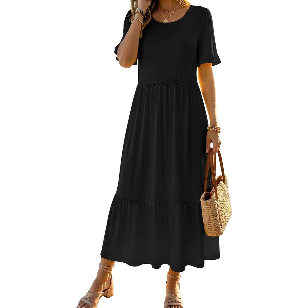 image:imageZeagoo Womens Summer Dresses 2026 Casual Midi Dress Flowy Sundress Ruffle Short Sleeve Tiered Dresses A Line Boho DressAblack