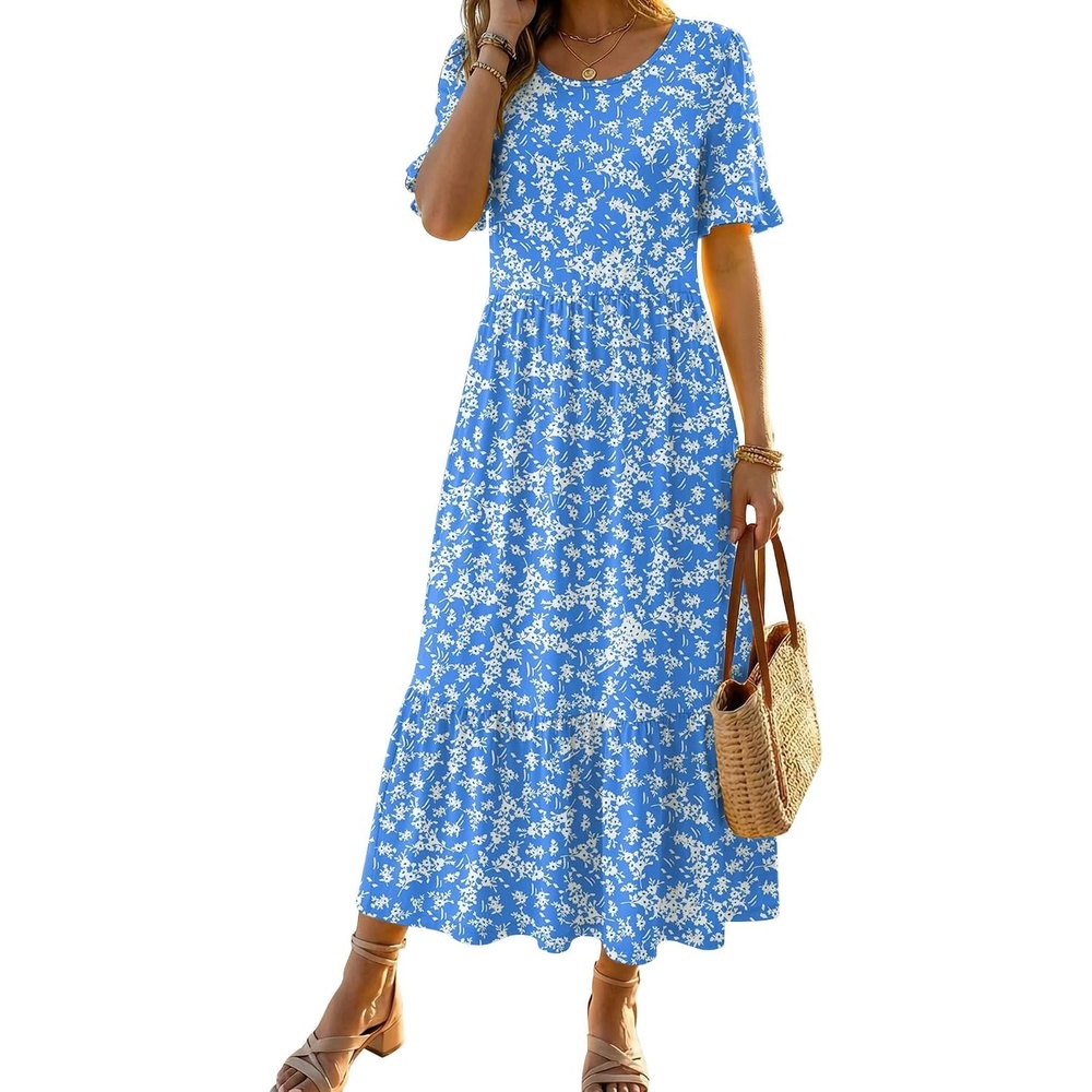 image:imageZeagoo Womens Summer Dresses 2026 Casual Midi Dress Flowy Sundress Ruffle Short Sleeve Tiered Dresses A Line Boho DressBlue Floral