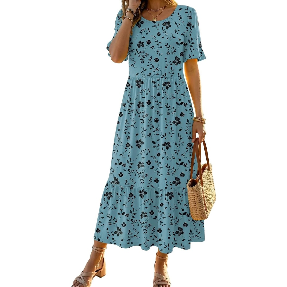 image:imageZeagoo Womens Summer Dresses 2026 Casual Midi Dress Flowy Sundress Ruffle Short Sleeve Tiered Dresses A Line Boho DressBlue Green Floral