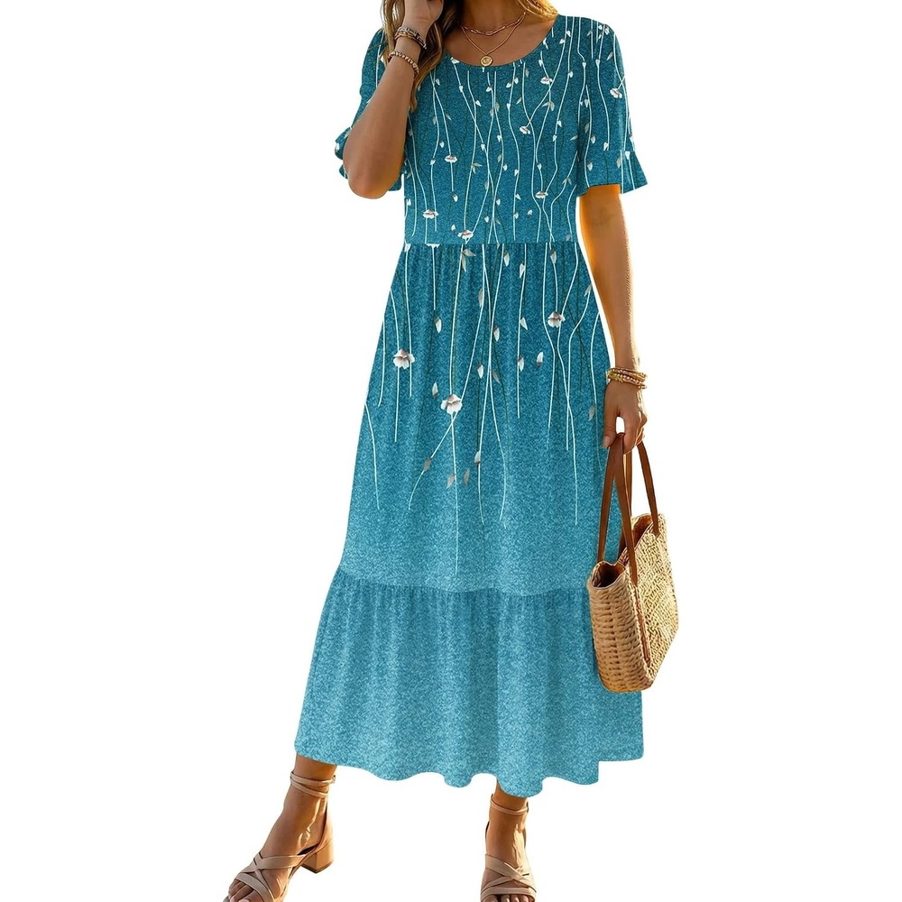 image:imageZeagoo Womens Summer Dresses 2026 Casual Midi Dress Flowy Sundress Ruffle Short Sleeve Tiered Dresses A Line Boho DressBlue Green Printed