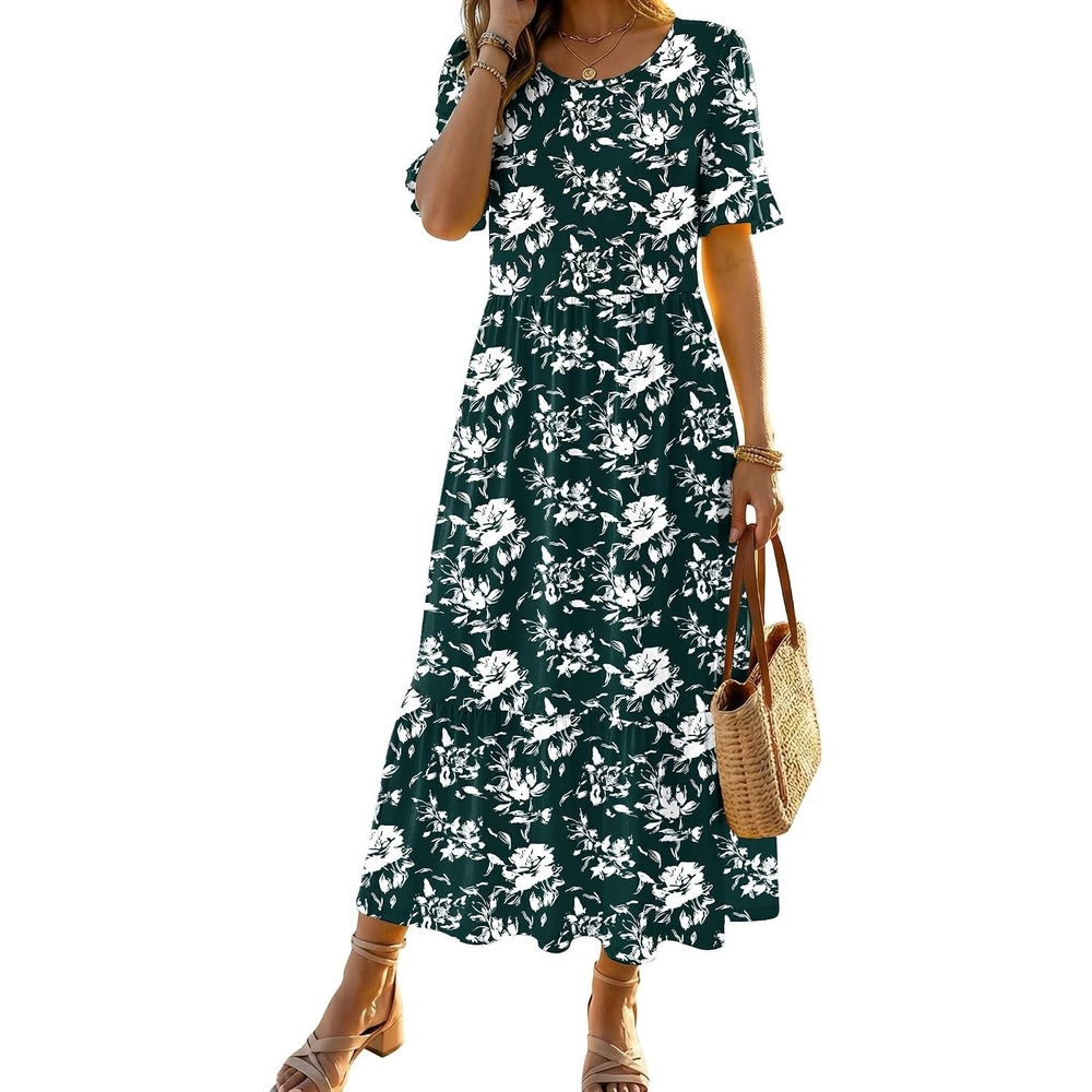 image:imageZeagoo Womens Summer Dresses 2026 Casual Midi Dress Flowy Sundress Ruffle Short Sleeve Tiered Dresses A Line Boho DressDeep Green Floral