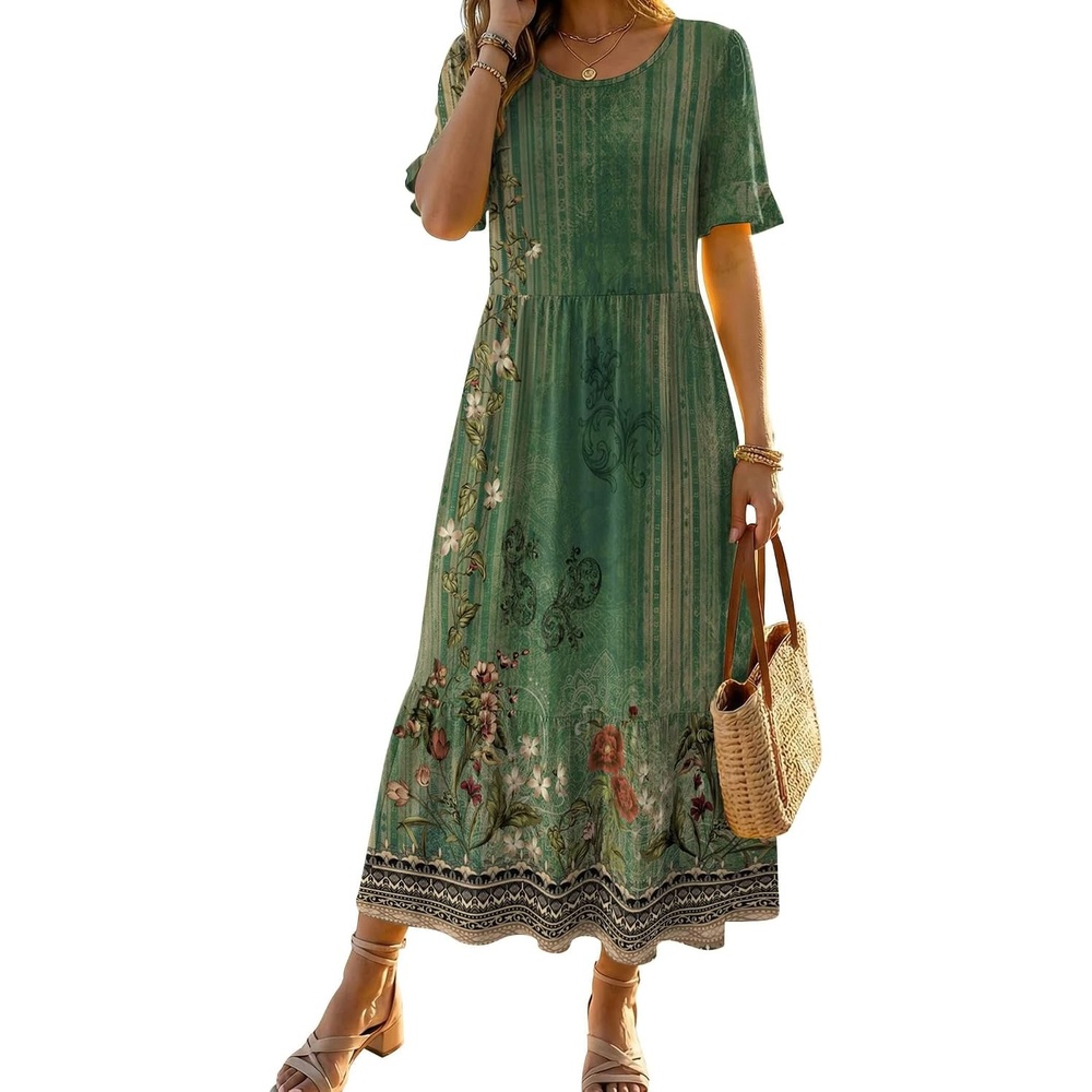 image:imageZeagoo Womens Summer Dresses 2026 Casual Midi Dress Flowy Sundress Ruffle Short Sleeve Tiered Dresses A Line Boho DressGreen Floral