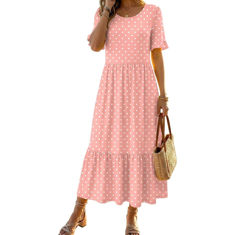image:imageZeagoo Womens Summer Dresses 2026 Casual Midi Dress Flowy Sundress Ruffle Short Sleeve Tiered Dresses A Line Boho DressPink Dot
