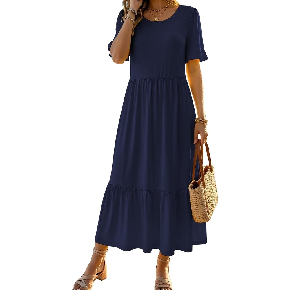 image:imageZeagoo Womens Summer Dresses 2026 Casual Midi Dress Flowy Sundress Ruffle Short Sleeve Tiered Dresses A Line Boho DressSolid Navy