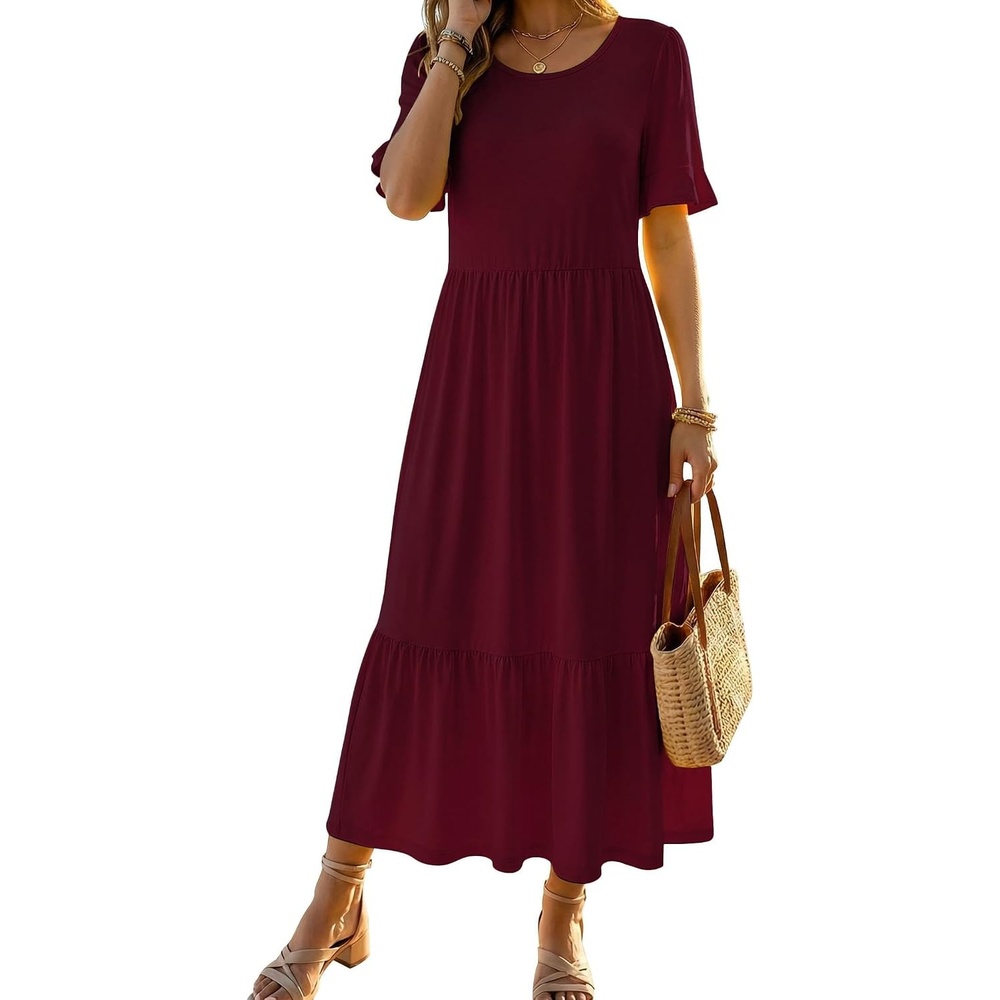 image:imageZeagoo Womens Summer Dresses 2026 Casual Midi Dress Flowy Sundress Ruffle Short Sleeve Tiered Dresses A Line Boho DressWine Red