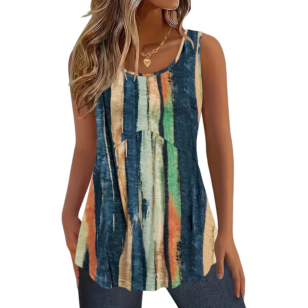 image:imageZeagoo Womens Summer Sleeveless Tank Tops Crew Neck Babydoll Casual TopsBrushstroke Stripe