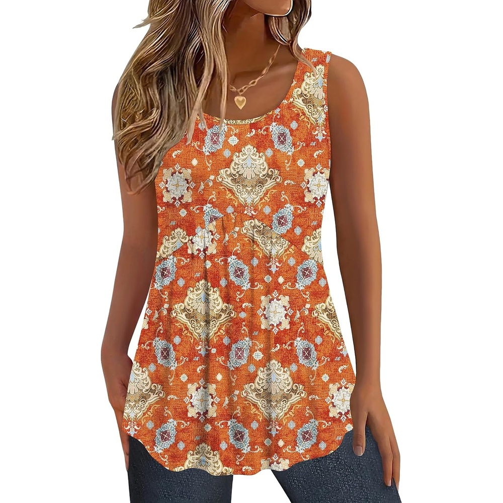 image:imageZeagoo Womens Summer Sleeveless Tank Tops Crew Neck Babydoll Casual TopsOrange Ethnic Print