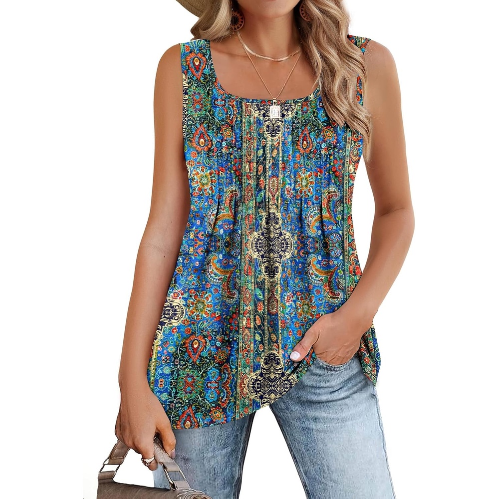 image:imageZeagoo Womens Summer Tank Tops Pleated Square Neck Flowy Tunic TopMz779