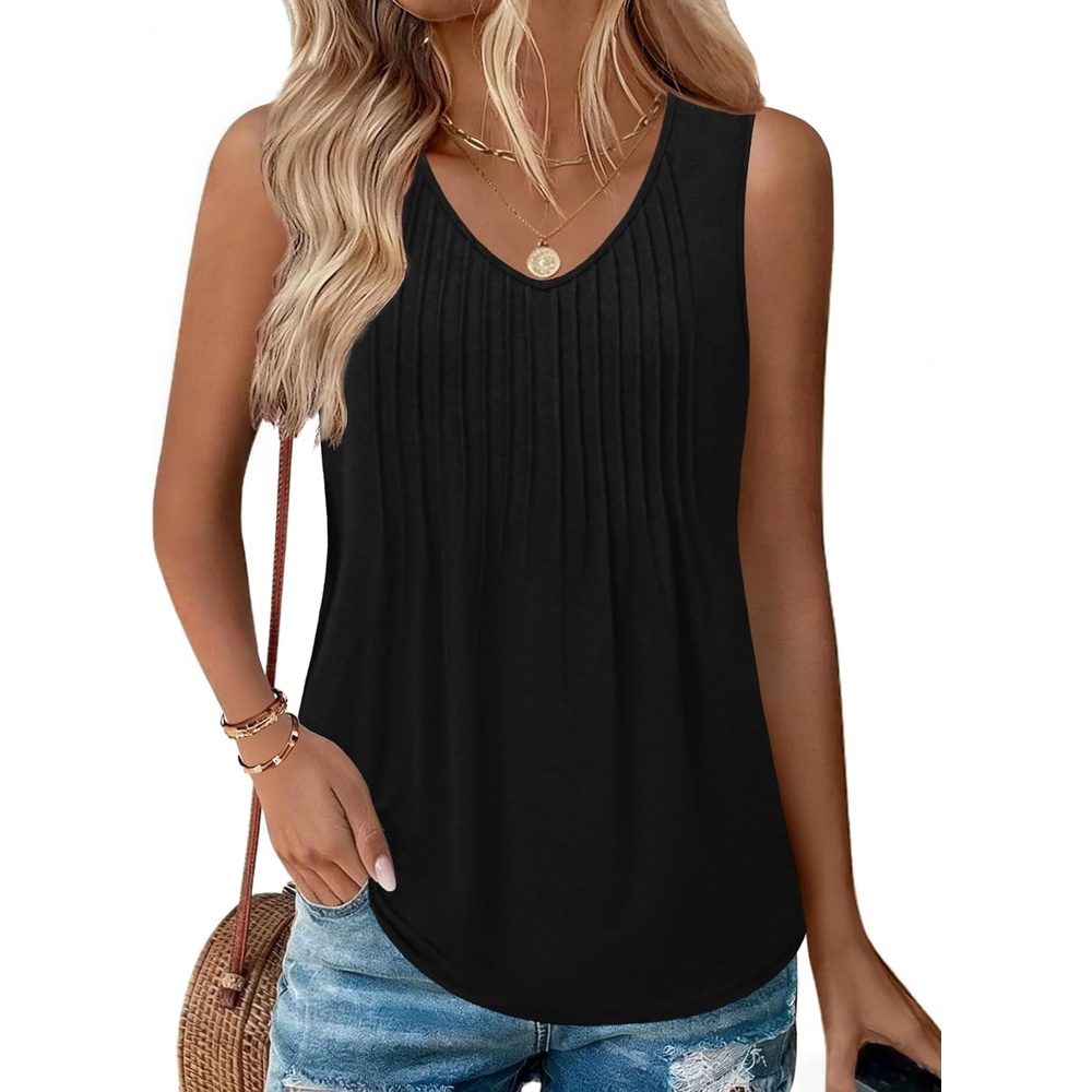 image:imageZeagoo Womens Tank Tops 2026 Sleeveless Pleated V Neck Loose Fit Summer Clothes Flowy Boho ShirtsBlack