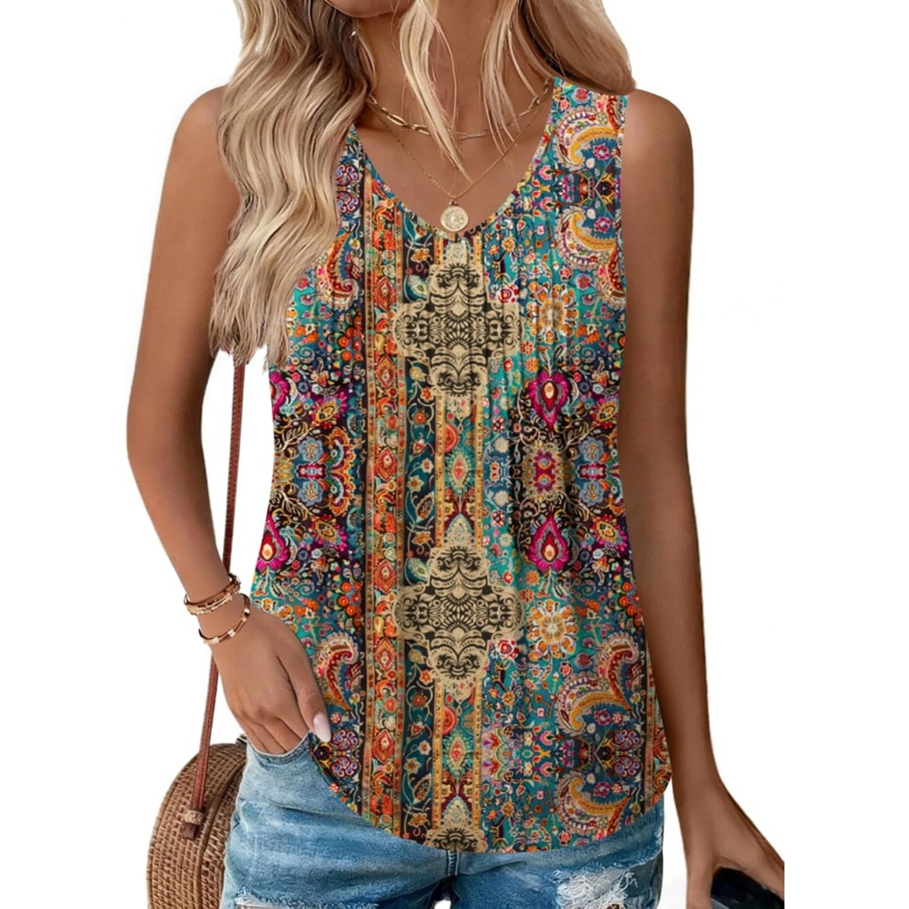 image:imageZeagoo Womens Tank Tops 2026 Sleeveless Pleated V Neck Loose Fit Summer Clothes Flowy Boho ShirtsFloral Mz721