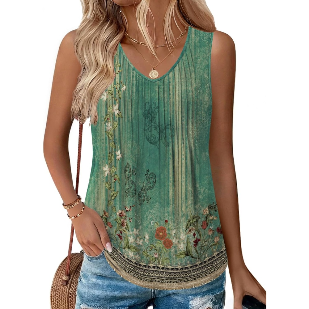 image:imageZeagoo Womens Tank Tops 2026 Sleeveless Pleated V Neck Loose Fit Summer Clothes Flowy Boho ShirtsFloral Mz839