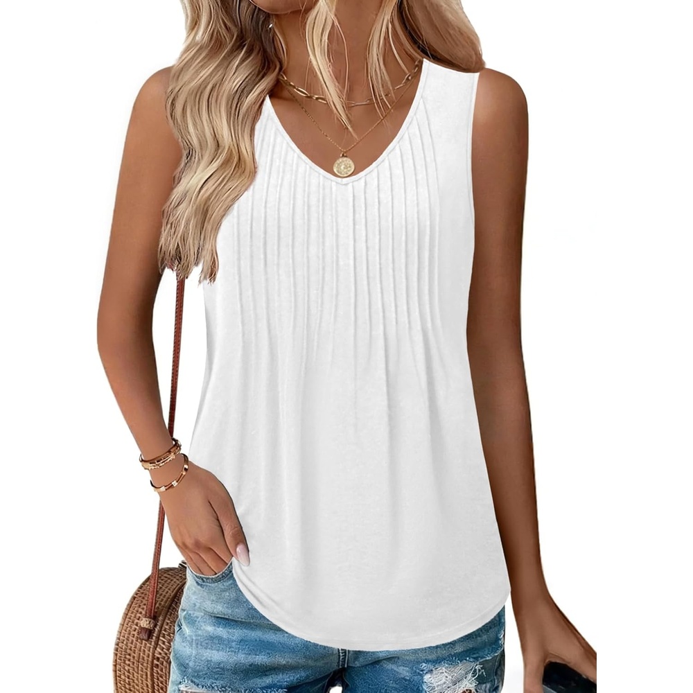 image:imageZeagoo Womens Tank Tops 2026 Sleeveless Pleated V Neck Loose Fit Summer Clothes Flowy Boho ShirtsWhite