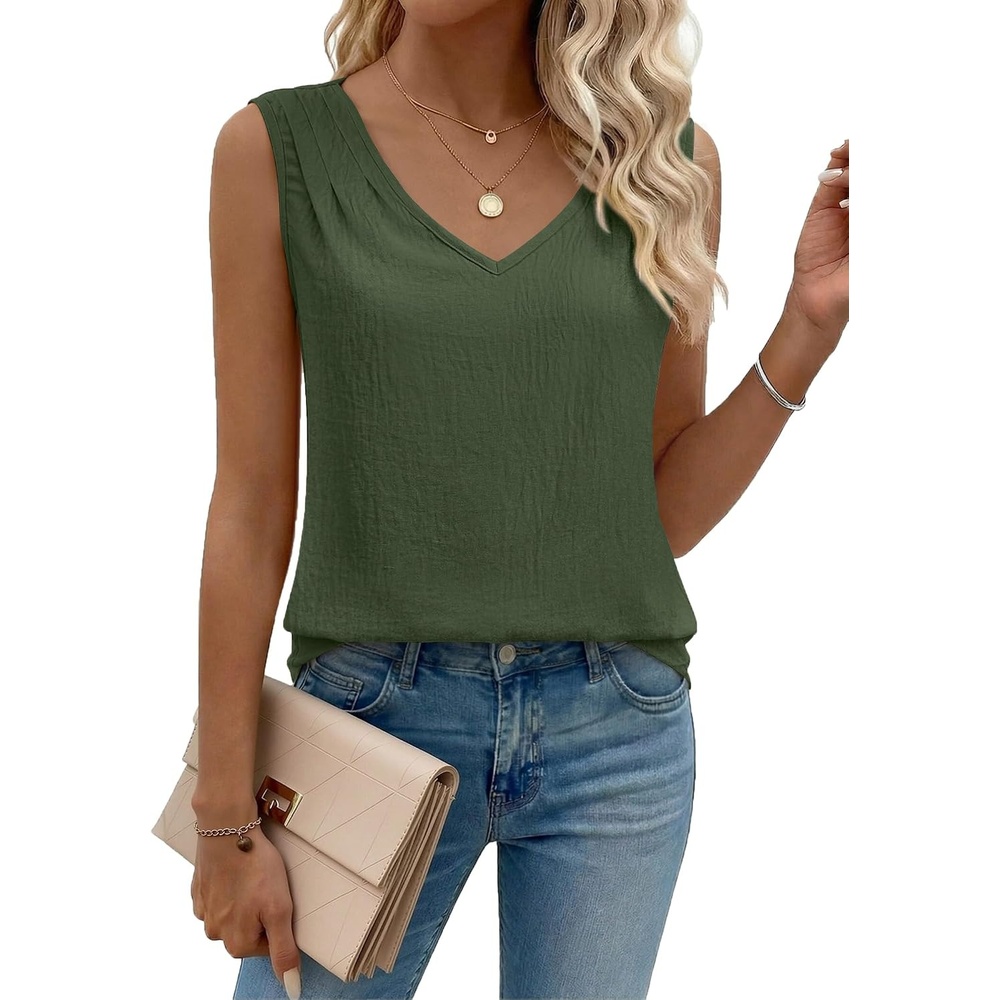 image:imageZeagoo Womens Tank Tops Pleated V Neck Business Casual Sleeveless Shirts Trendy Dressy Textured Summer Work BlouseArmy Green