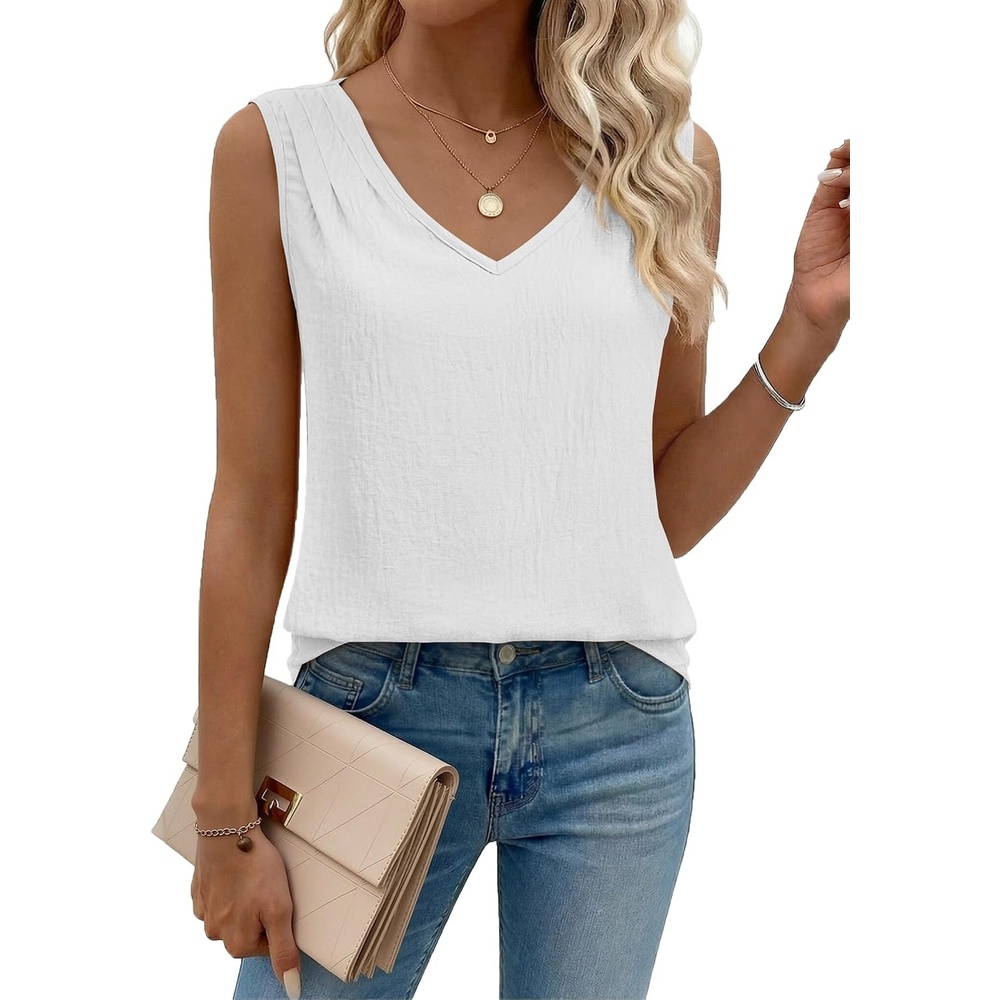 image:imageZeagoo Womens Tank Tops Pleated V Neck Business Casual Sleeveless Shirts Trendy Dressy Textured Summer Work BlouseWhite