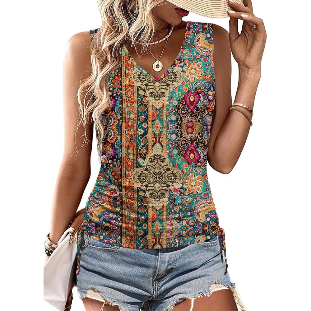 image:imageZeagoo Womens Tank Tops Summer Ruched Top V Neck Sleeveless Drawstring Side Casual Trendy Shirts 2026Pattern Mz721