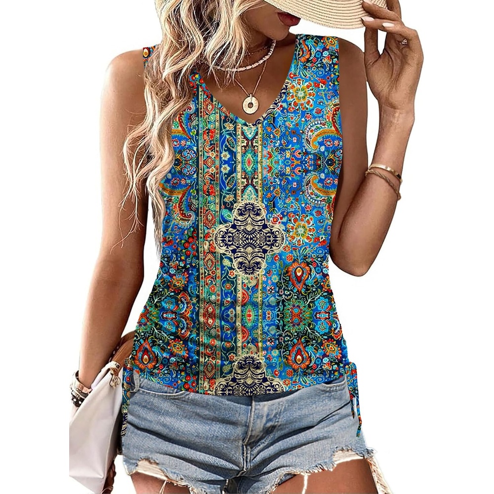 image:imageZeagoo Womens Tank Tops Summer Ruched Top V Neck Sleeveless Drawstring Side Casual Trendy Shirts 2026Pattern Mz779