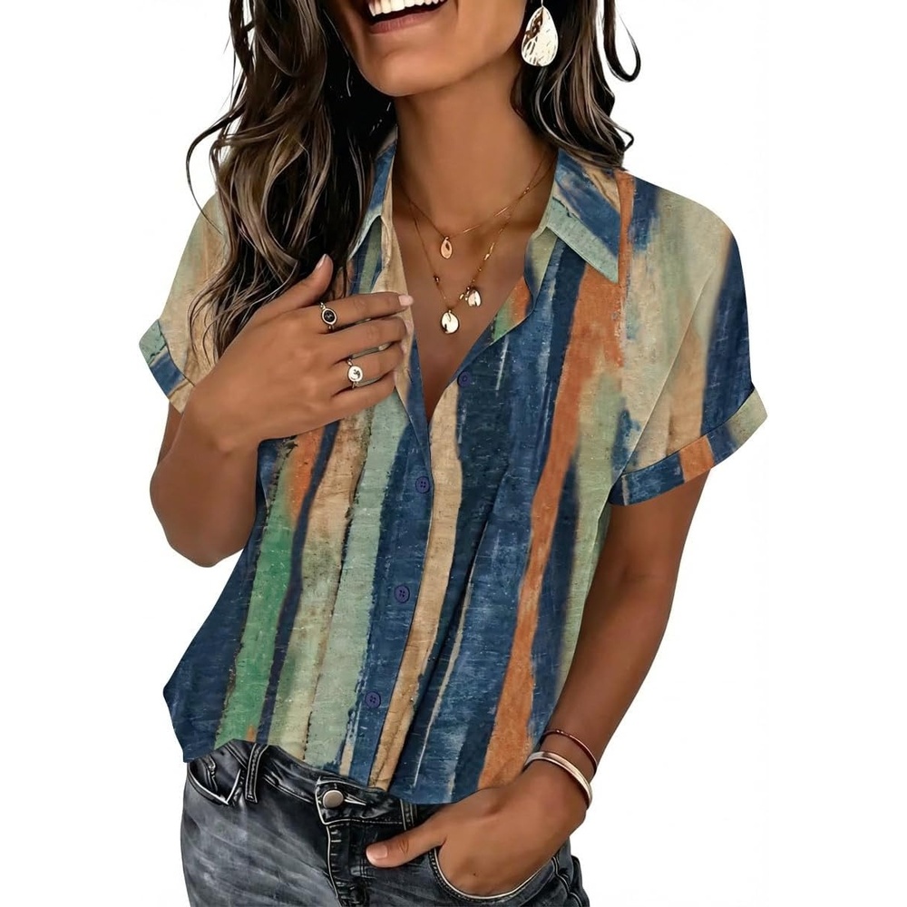 image:imageZeagoo Womens Tops Short Sleeve Shirt Button Down V Neck Casual Blouse 2026Stripe1